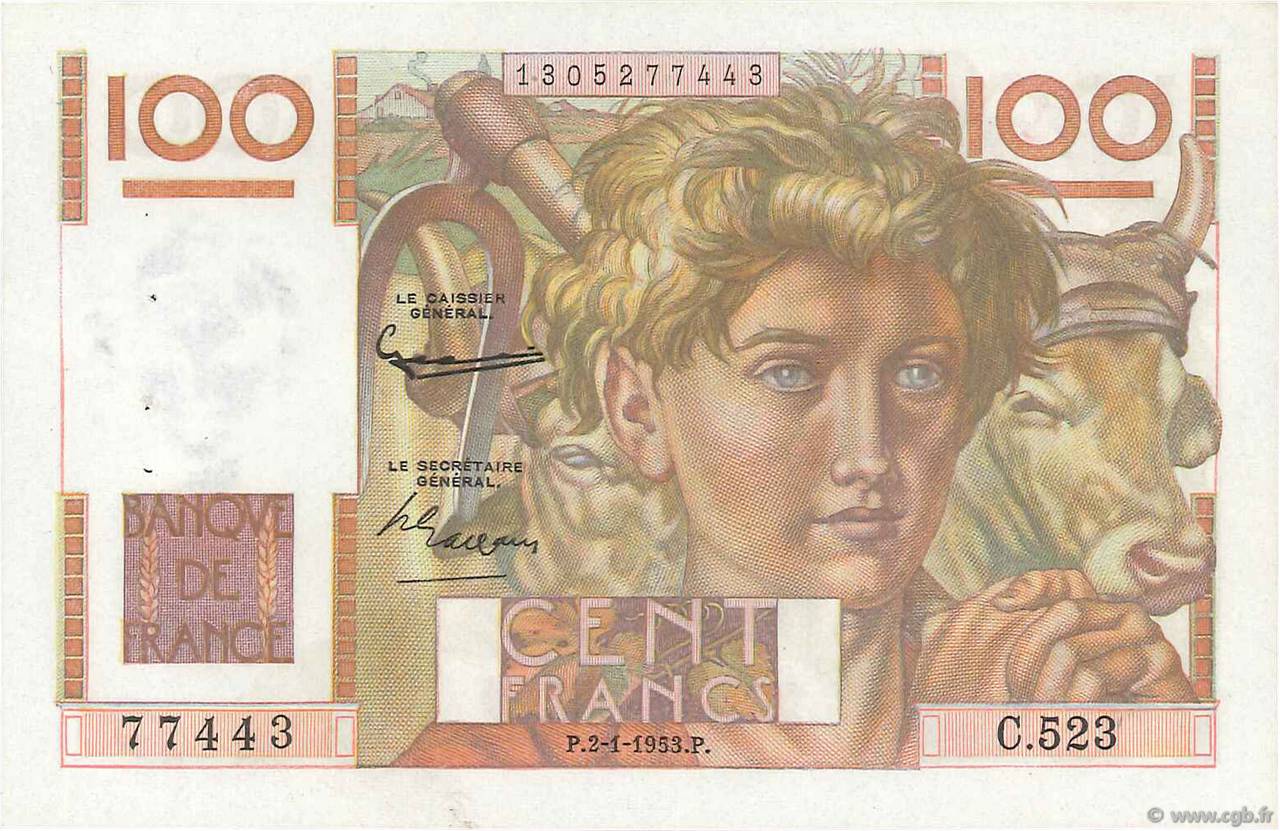 100 Francs JEUNE PAYSAN FRANKREICH  1953 F.28.35 VZ+