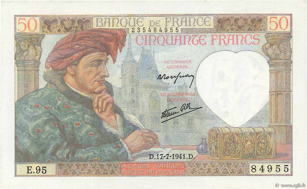 50 Francs JACQUES CŒUR FRANKREICH  1941 F.19.12 fST+