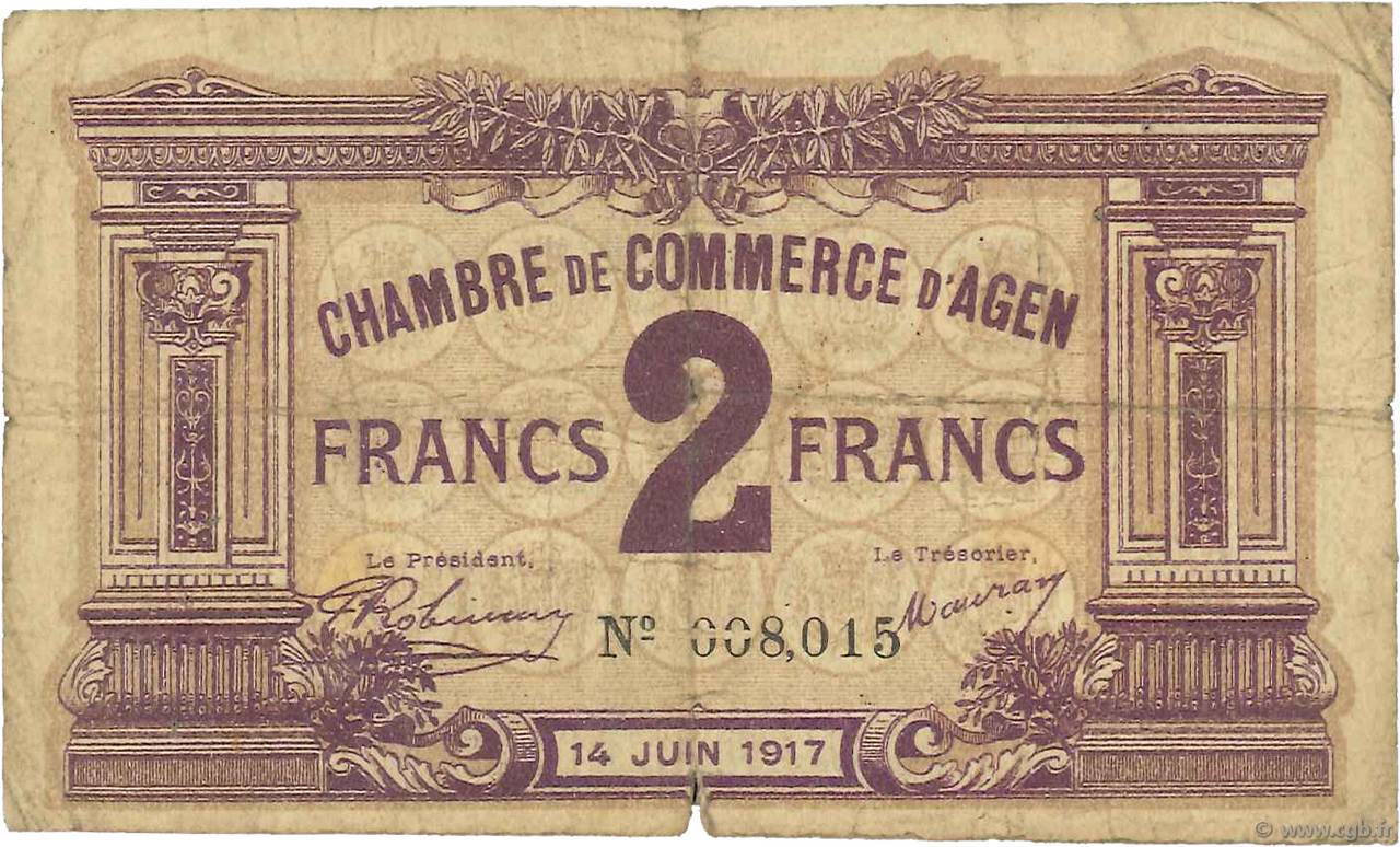 2 Francs FRANCE regionalismo e varie Agen 1917 JP.002.11 q.MB