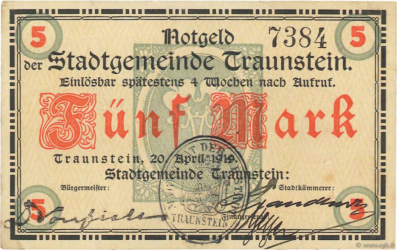 5 Mark GERMANY Traunstein 1919  VF+