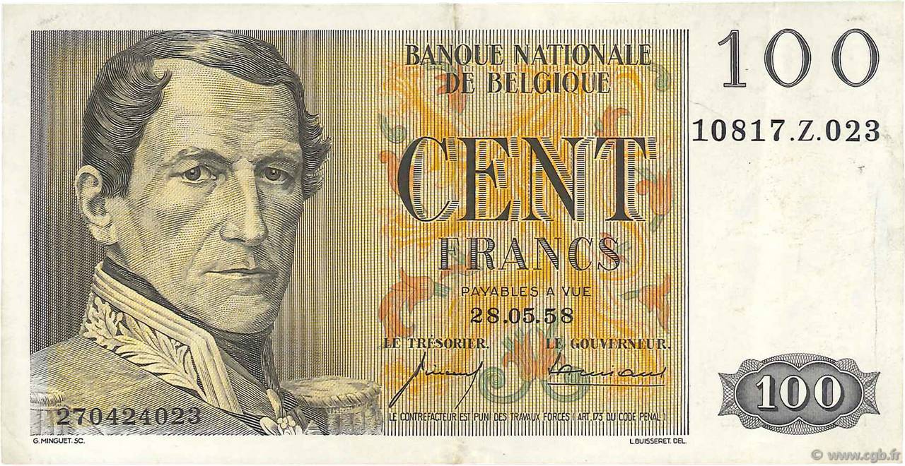 100 Francs BELGIEN  1958 P.129c VZ