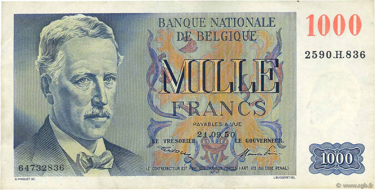 1000 Francs BELGIUM  1950 P.131a VF+