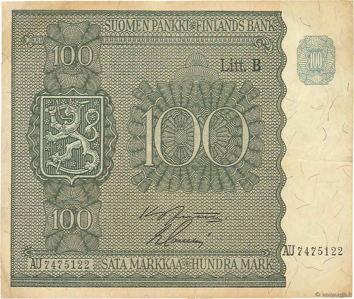 100 Markkaa FINLAND  1945 P.088 VF+
