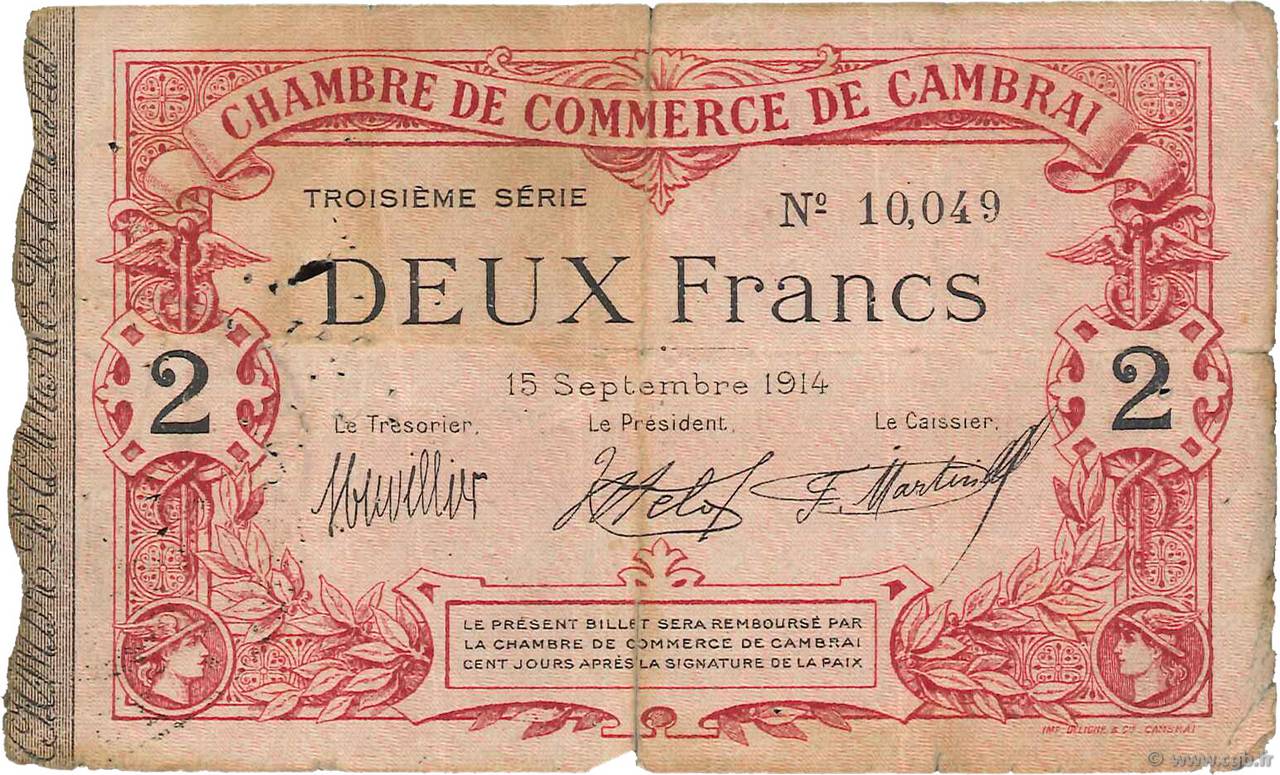 2 Francs FRANCE regionalismo y varios Cambrai 1914 JP.037.22 BC