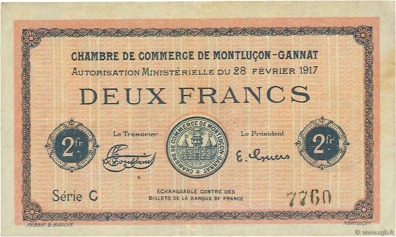 2 Francs FRANCE Regionalismus und verschiedenen Montluçon, Gannat 1917 JP.084.33 VZ