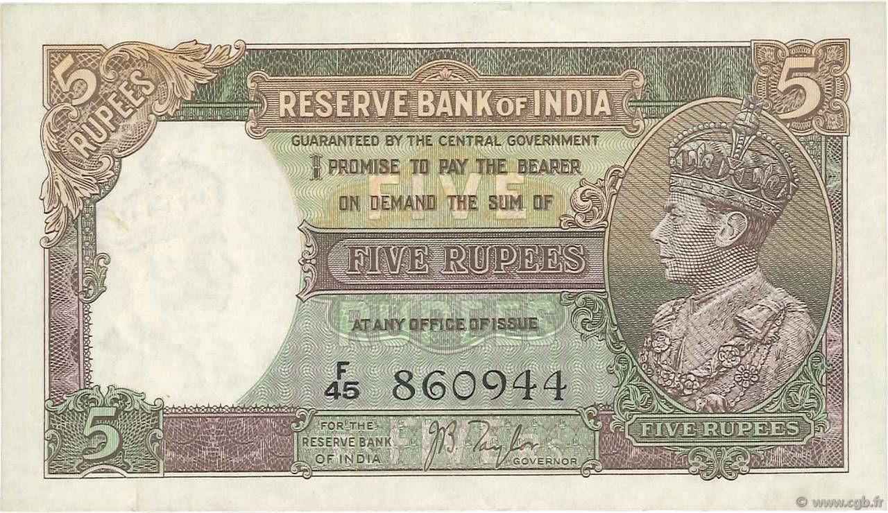 5 Rupees INDIA  1937 P.018a XF-