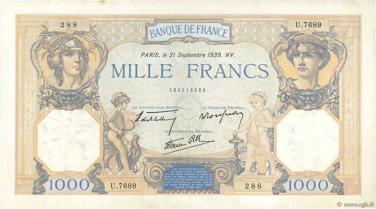 1000 Francs CÉRÈS ET MERCURE type modifié FRANCE  1939 F.38.37 SUP+ à SPL