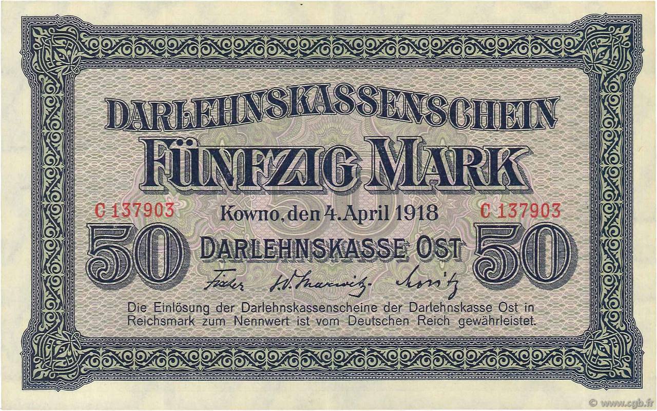 50 Mark GERMANIA Kowno 1918 P.R132 SPL