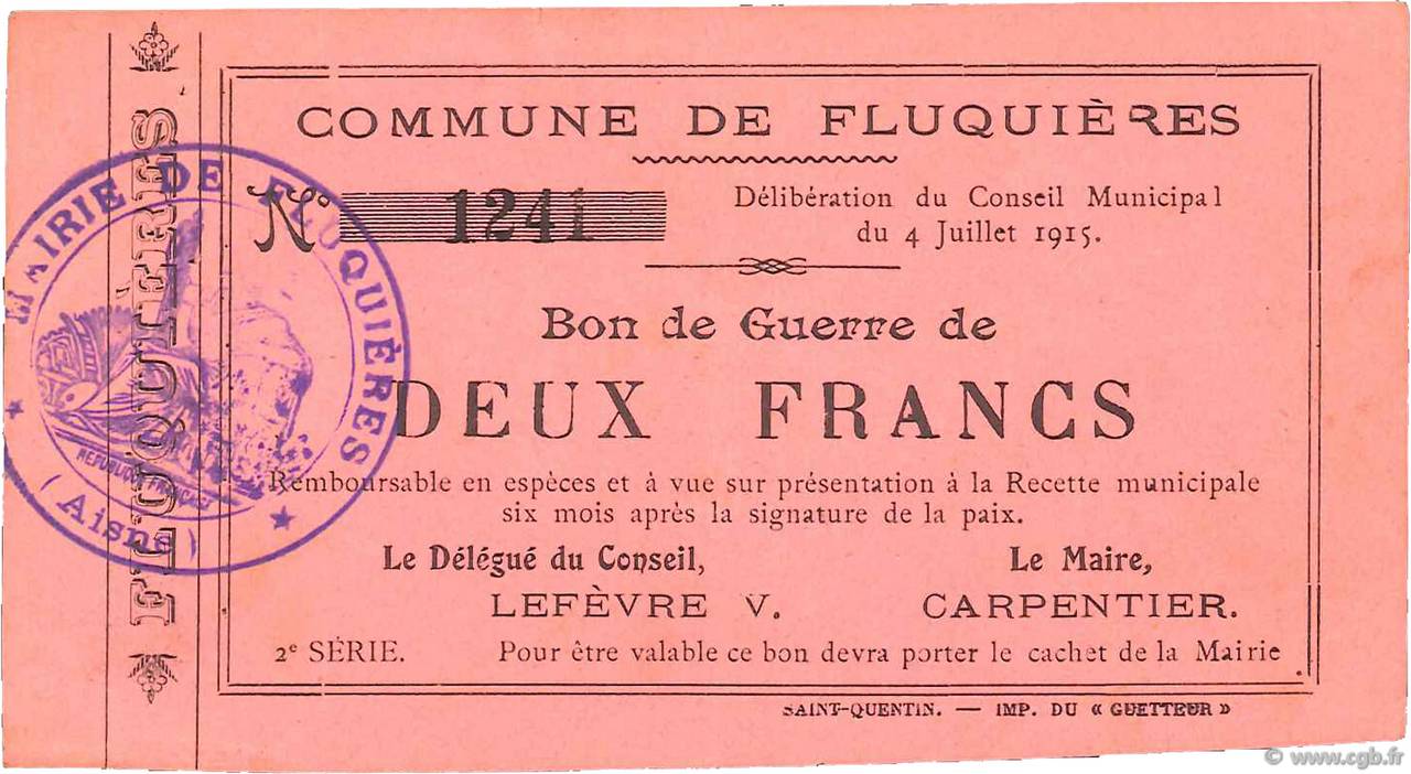 2 Francs FRANCE Regionalismus und verschiedenen  1915 JP.02-0910 fVZ