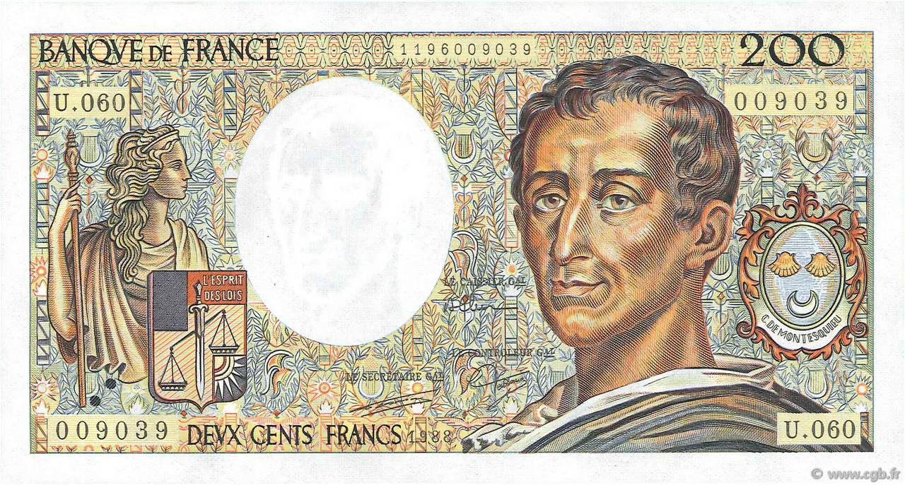200 Francs MONTESQUIEU FRANCIA  1988 F.70.08 SC+