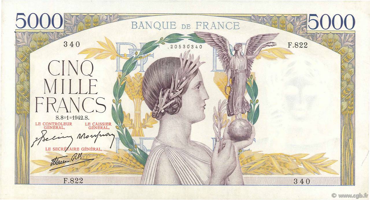 5000 Francs VICTOIRE Impression à plat FRANKREICH  1942 F.46.32 VZ