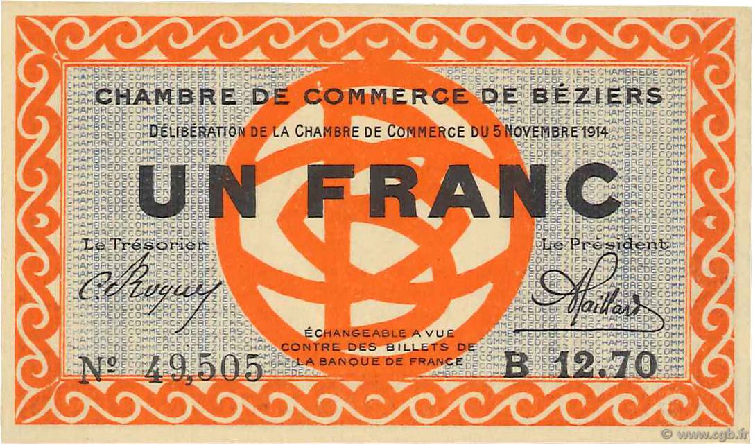 1 Franc FRANCE Regionalismus und verschiedenen Béziers 1914 JP.027.08 fST to ST