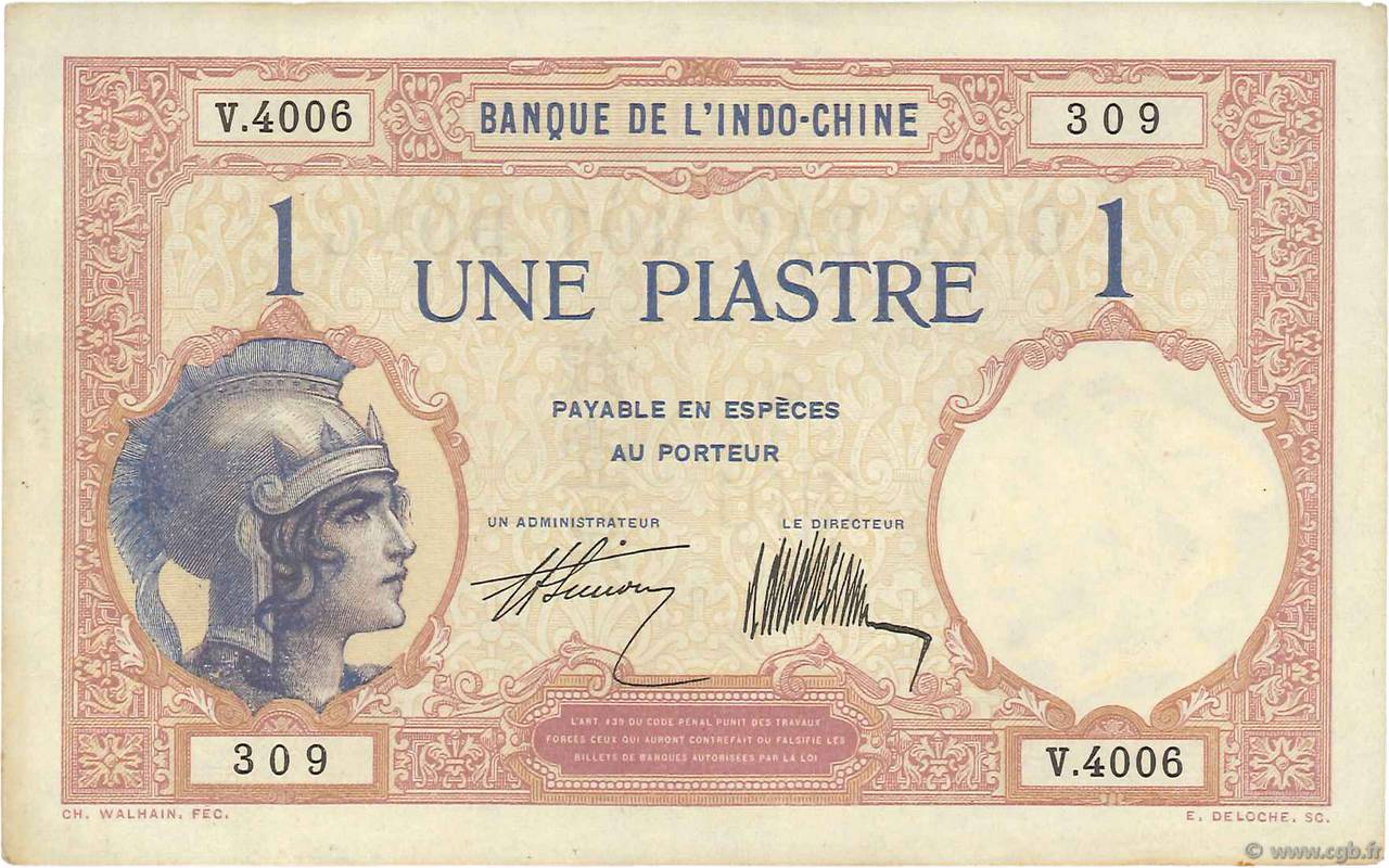 1 Piastre FRENCH INDOCHINA  1927 P.048b XF
