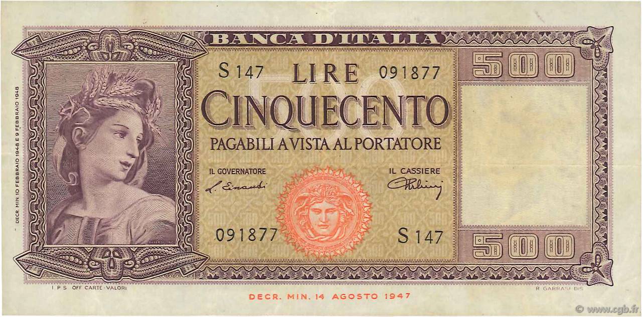 500 Lire ITALY  1947 P.080a VF+
