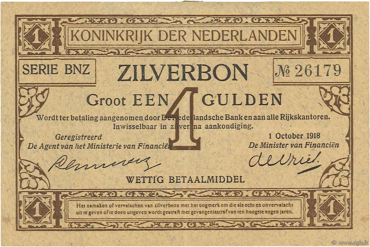 1 Gulden NETHERLANDS  1918 P.013 VF