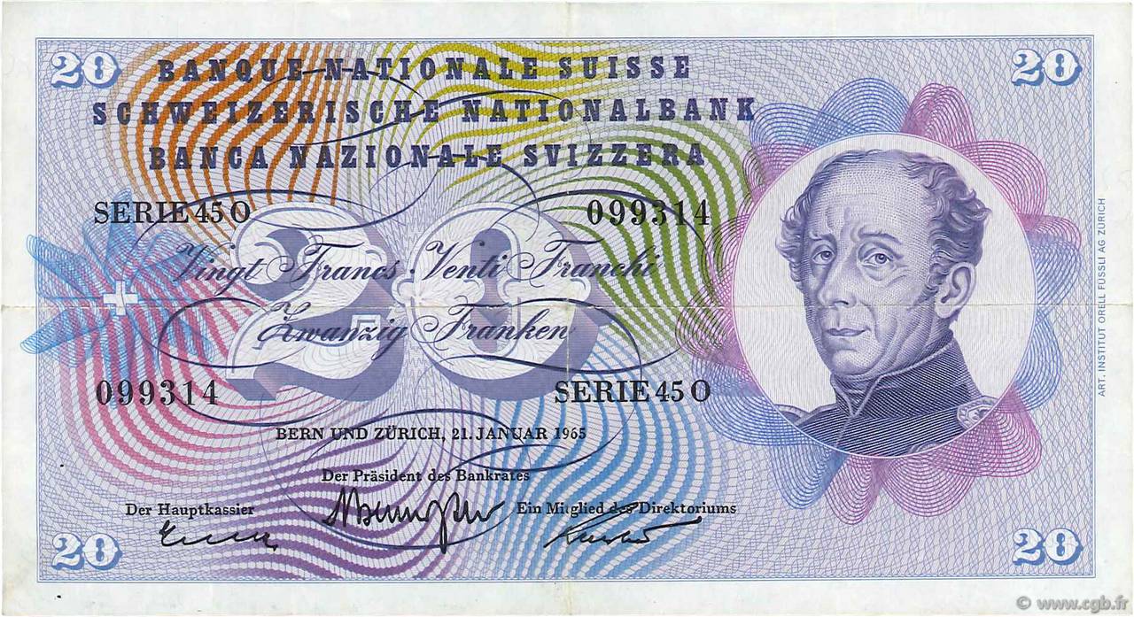20 Francs SWITZERLAND  1965 P.46l VF