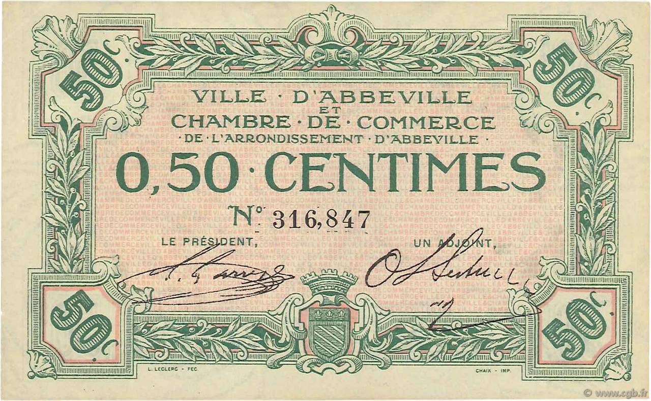 50 Centimes FRANCE regionalismo e varie Abbeville 1920 JP.001.01 SPL