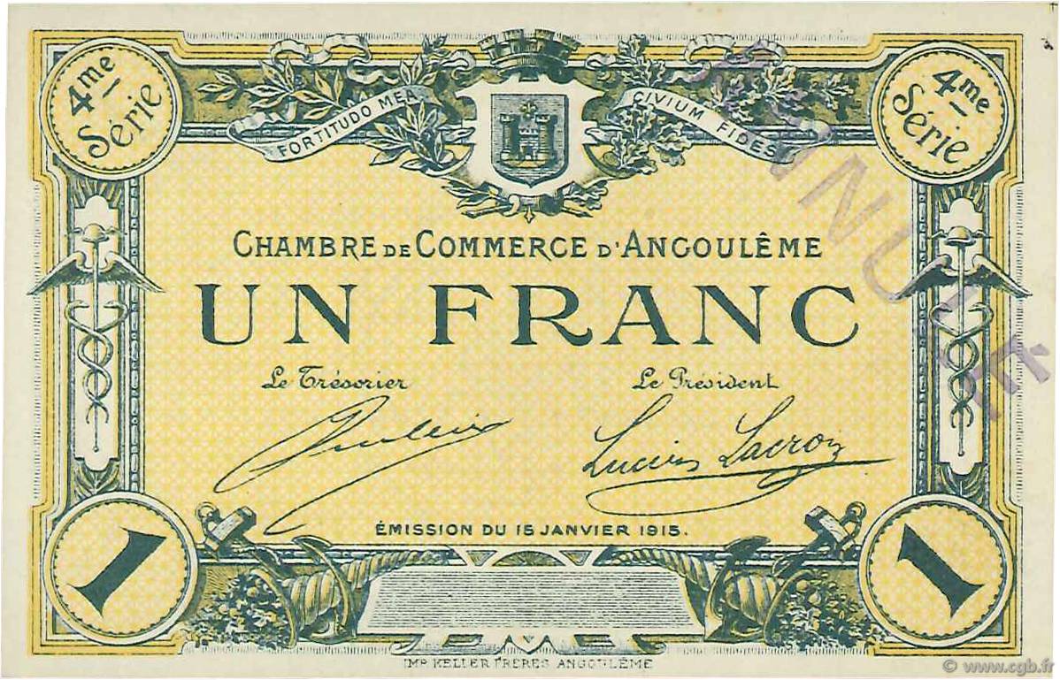 1 Franc Annulé FRANCE regionalismo y varios Angoulême 1915 JP.009.28 FDC