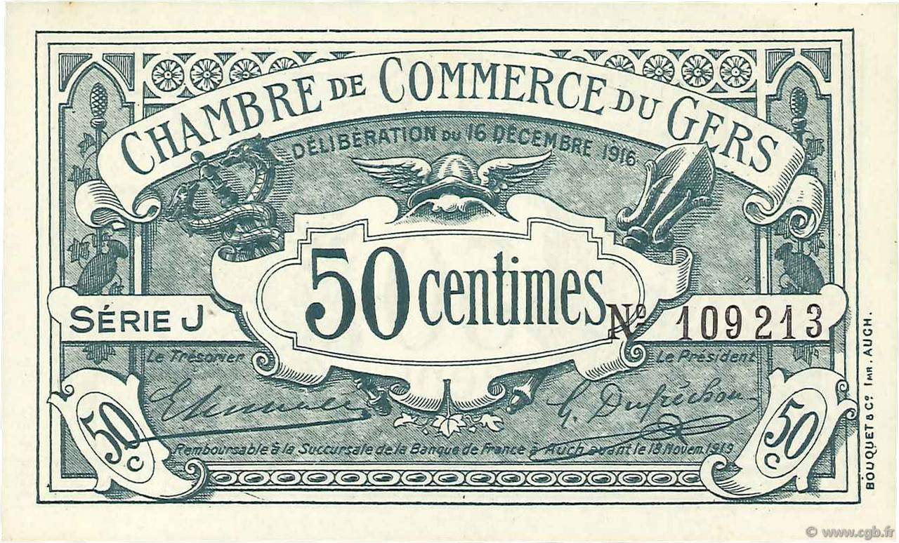 50 Centimes FRANCE regionalism and miscellaneous Auch 1916 JP.015.09 UNC