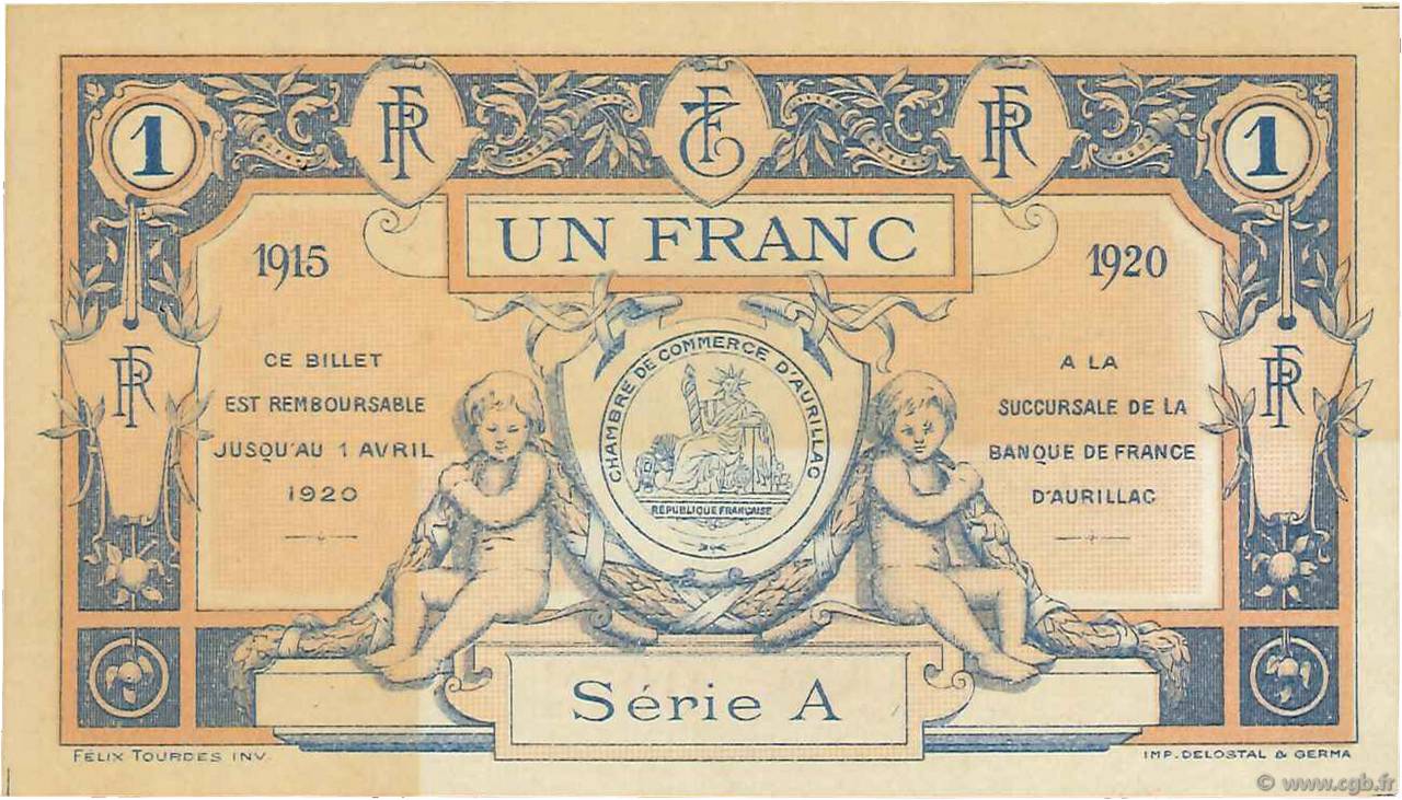 1 Franc FRANCE regionalismo y varios Aurillac 1915 JP.016.04 EBC