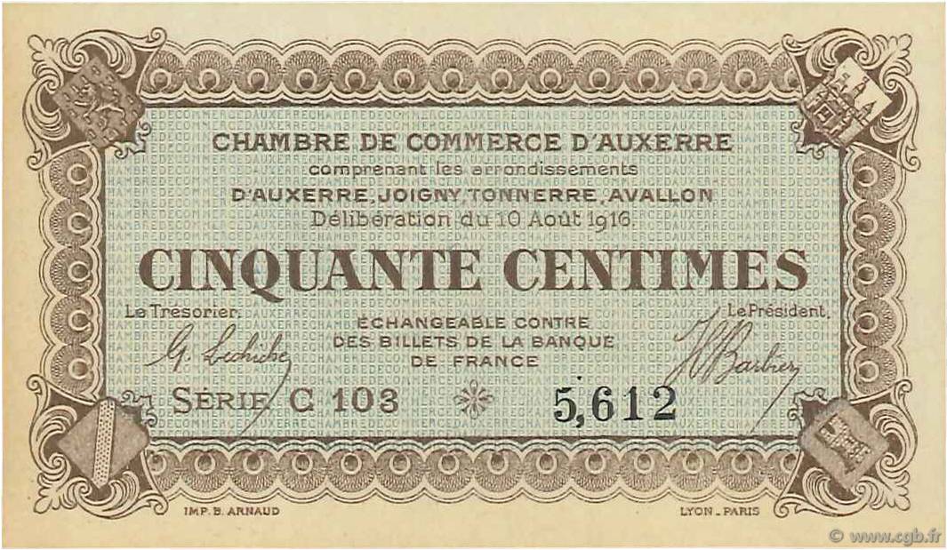 50 Centimes FRANCE régionalisme et divers Auxerre 1916 JP.017.11 NEUF