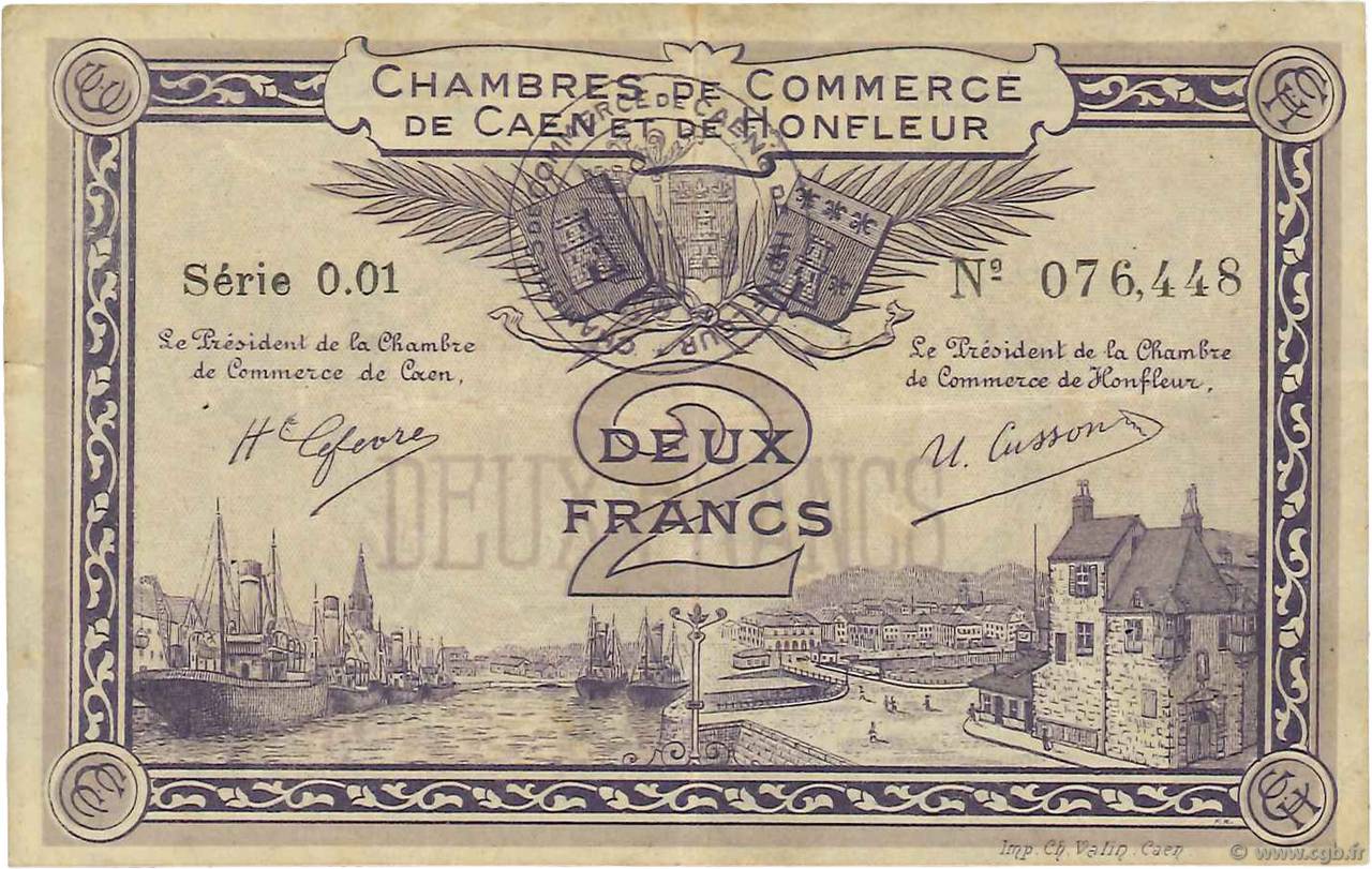 2 Francs FRANCE regionalism and miscellaneous Caen et Honfleur 1918 JP.034.10 VF+