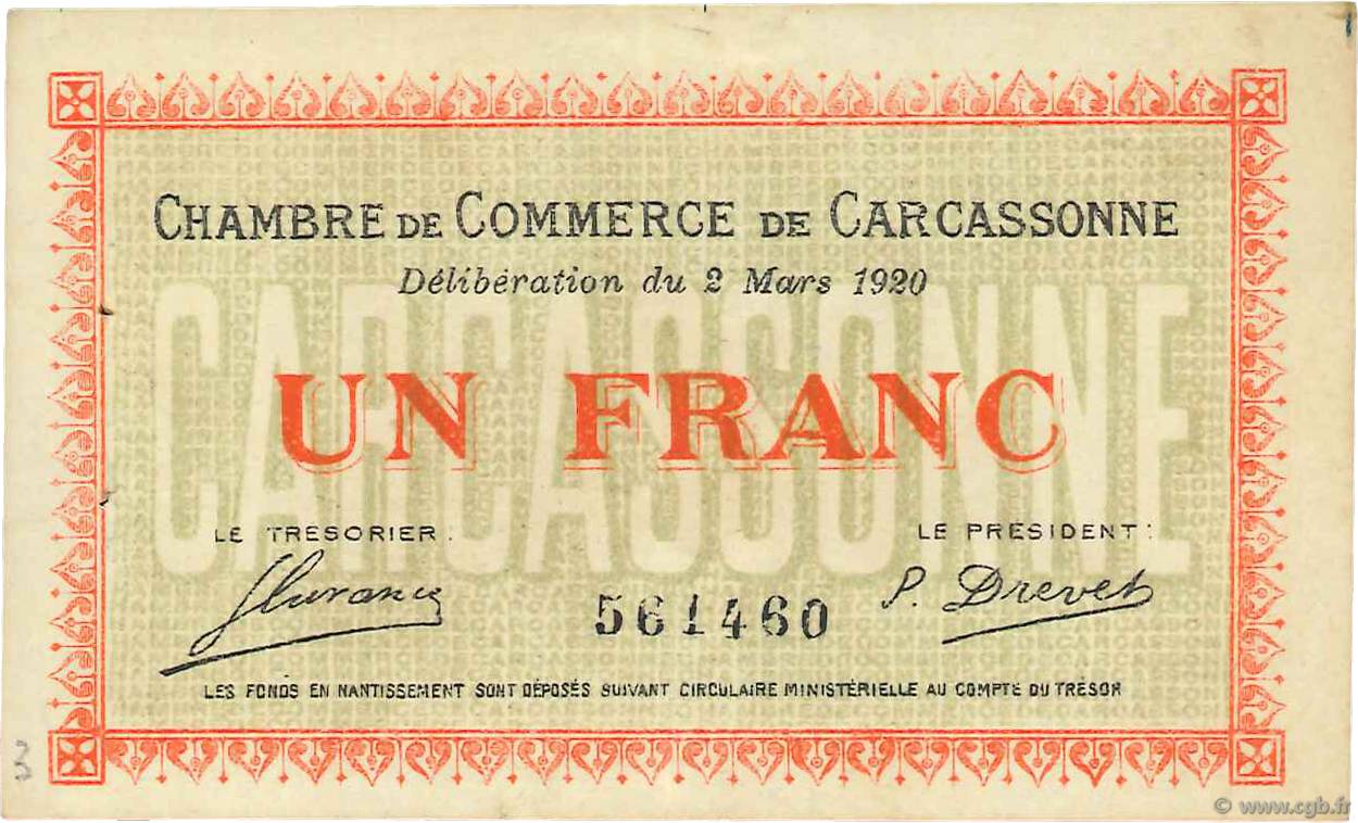 1 Franc FRANCE regionalism and various Carcassonne 1920 JP.038.17 VF+