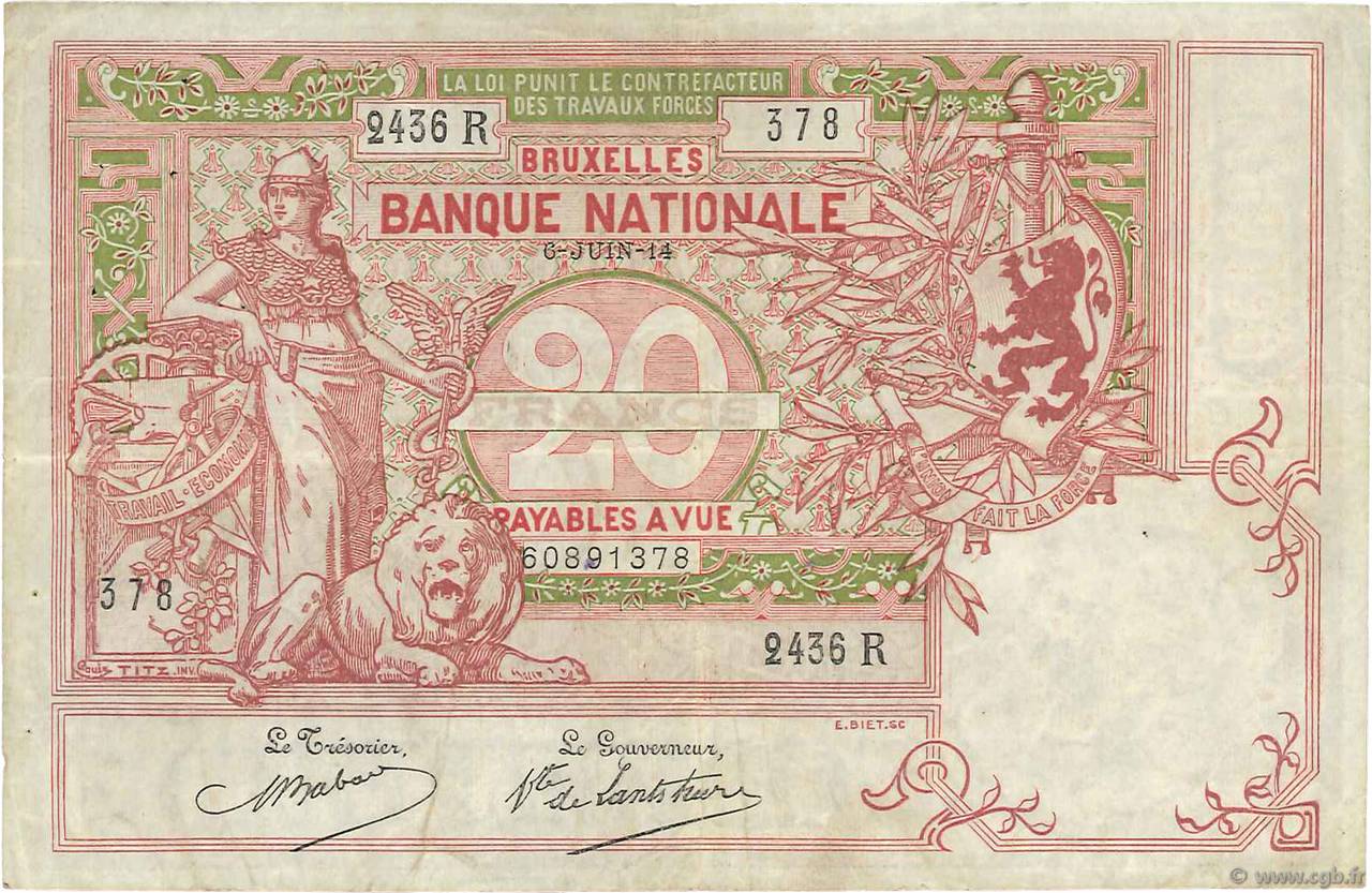 20 Francs BELGIEN  1914 P.067 SS