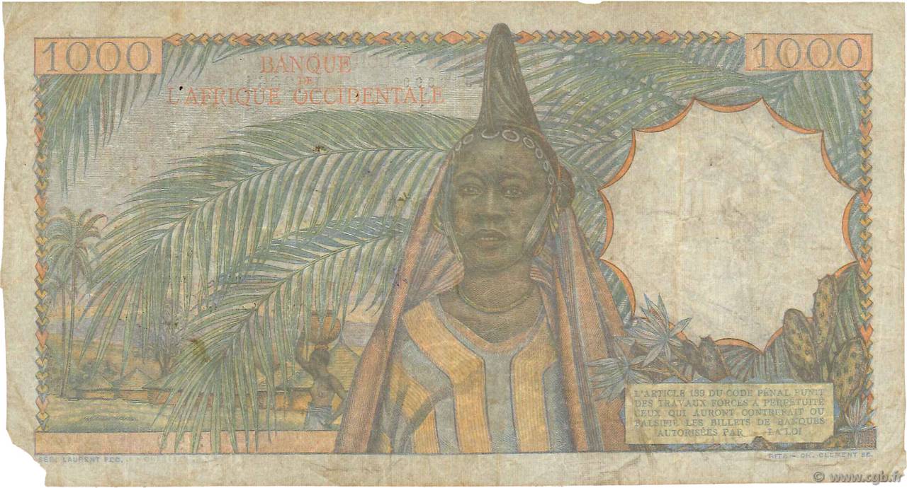 Banque de l'Afrique Occidentale 1,000 francs B126j,P42 2 10 1951 Series