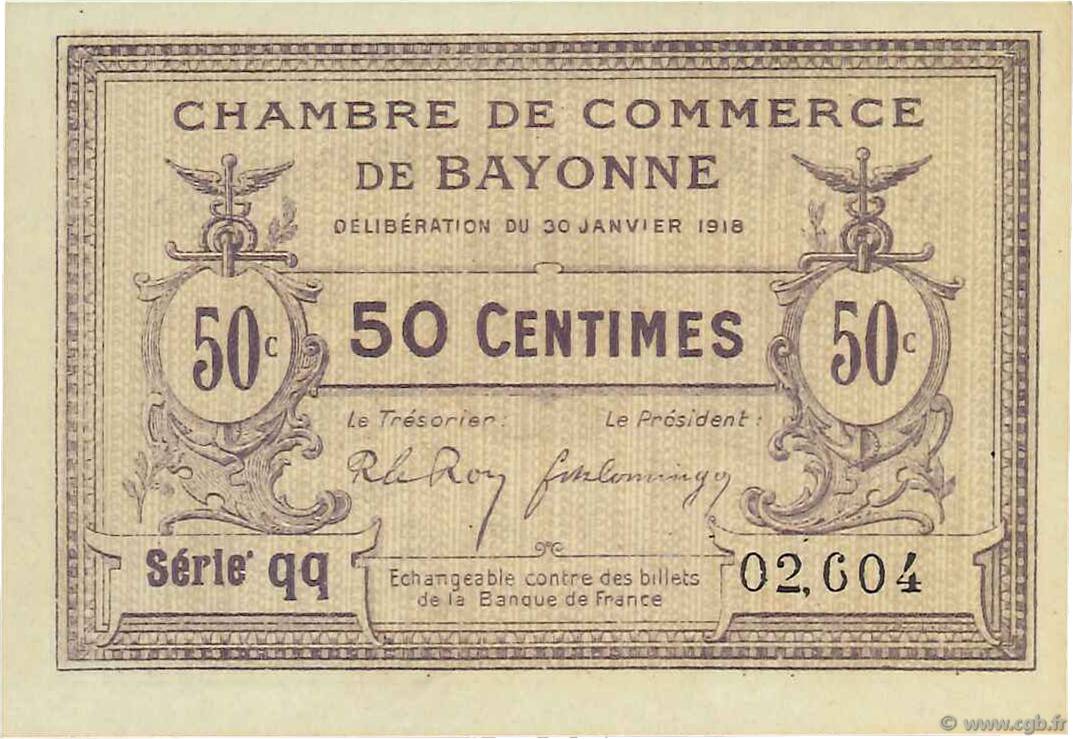 50 Centimes FRANCE regionalismo y varios Bayonne 1918 JP.021.55 FDC