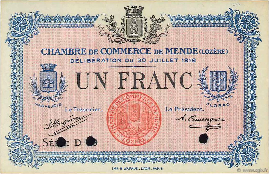 1 Franc Spécimen FRANCE Regionalismus und verschiedenen Mende 1918 JP.081.08 ST