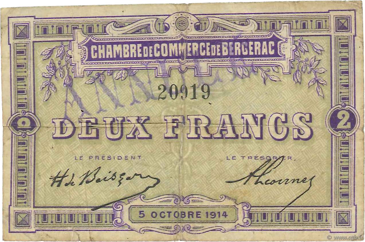 2 Francs Annulé FRANCE regionalismo e varie Bergerac 1914 JP.024.07 MB