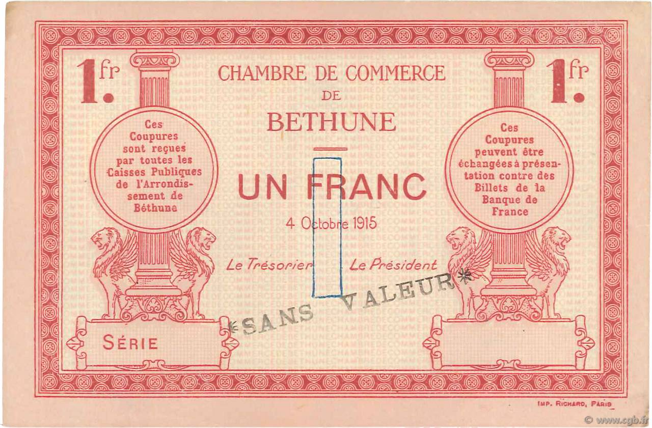 1 Franc Spécimen FRANCE régionalisme et divers Béthune 1915 JP.026.07 SUP