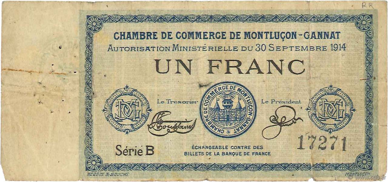 1 Franc FRANCE regionalism and various Montluçon, Gannat 1914 JP.084.02 F
