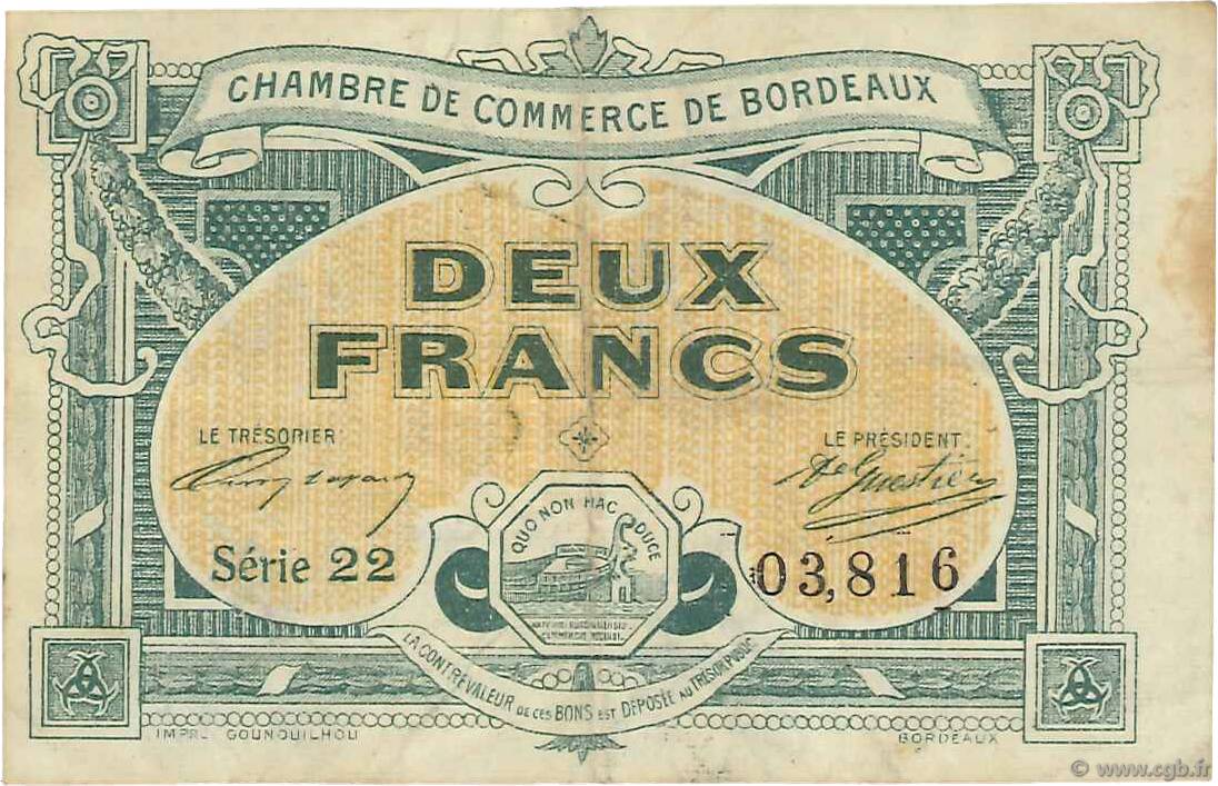2 Francs FRANCE regionalism and various Bordeaux 1917 JP.030.23 VF