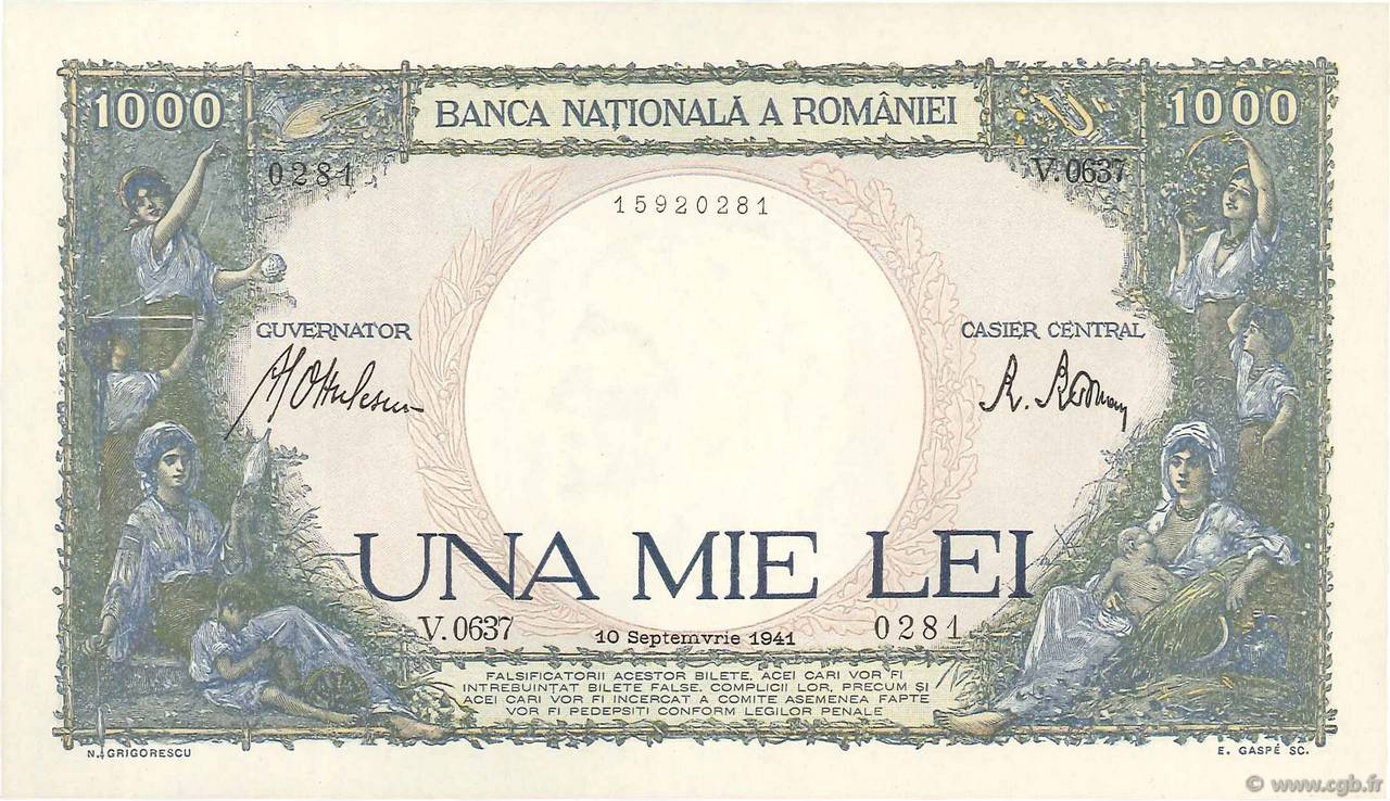 1000 Lei ROMANIA  1941 P.052a UNC-