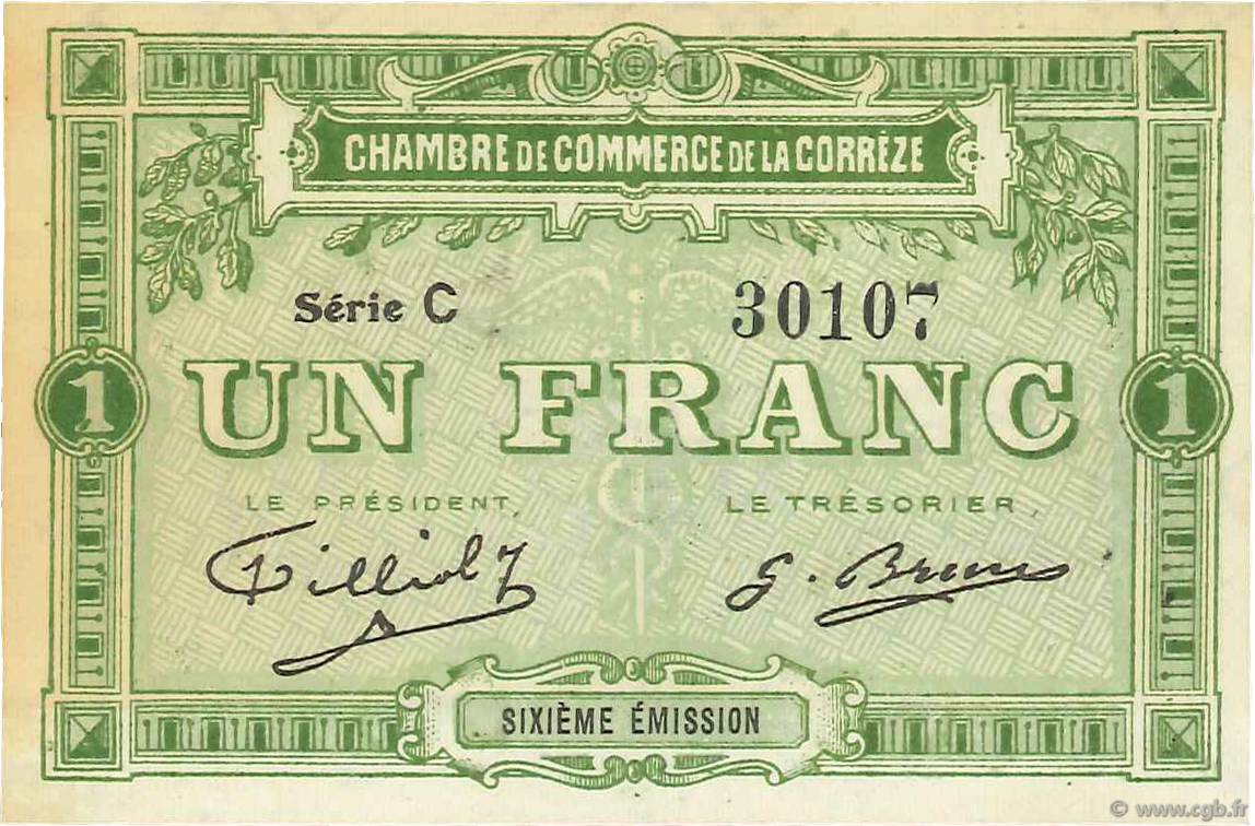 1 Franc FRANCE regionalismo y varios Corrèze 1915 JP.051.16 SC a FDC