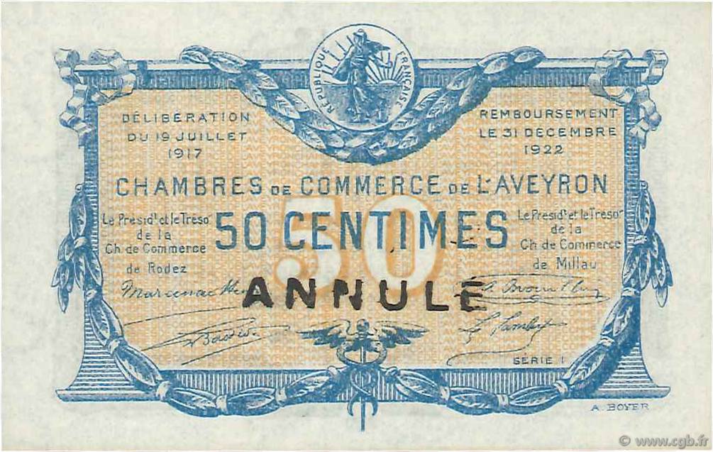 50 Centimes Annulé FRANCE regionalism and various Rodez et Millau 1917 JP.108.12 UNC