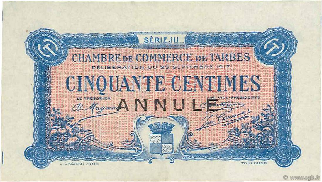 50 Centimes Annulé FRANCE regionalismo y varios Tarbes 1917 JP.120.13 FDC