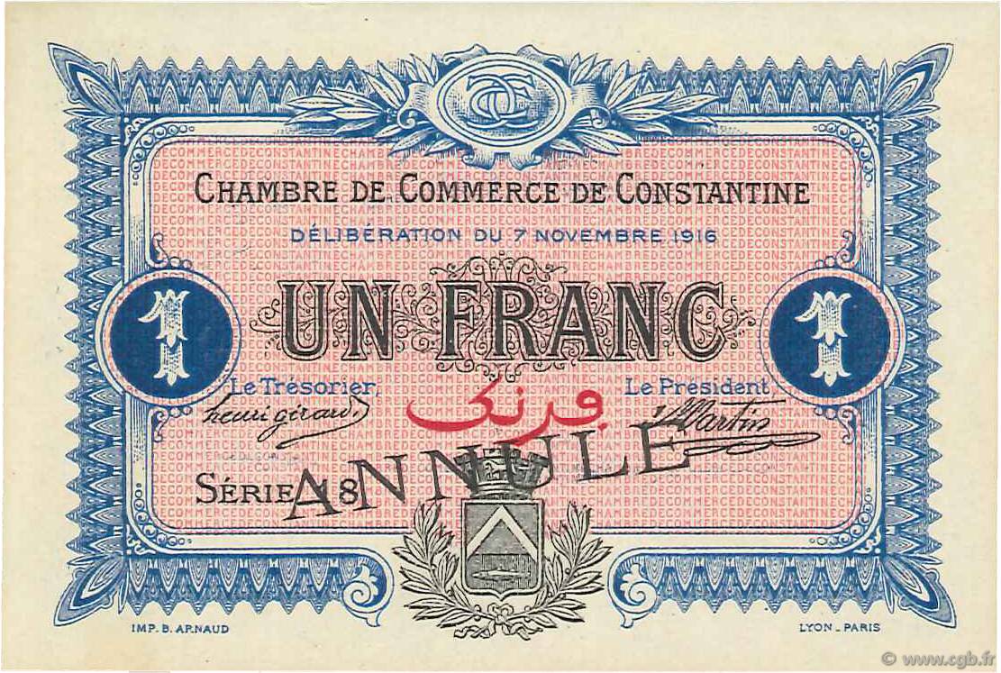 1 Franc Annulé FRANCE regionalismo e varie Constantine 1916 JP.140.11 AU a FDC