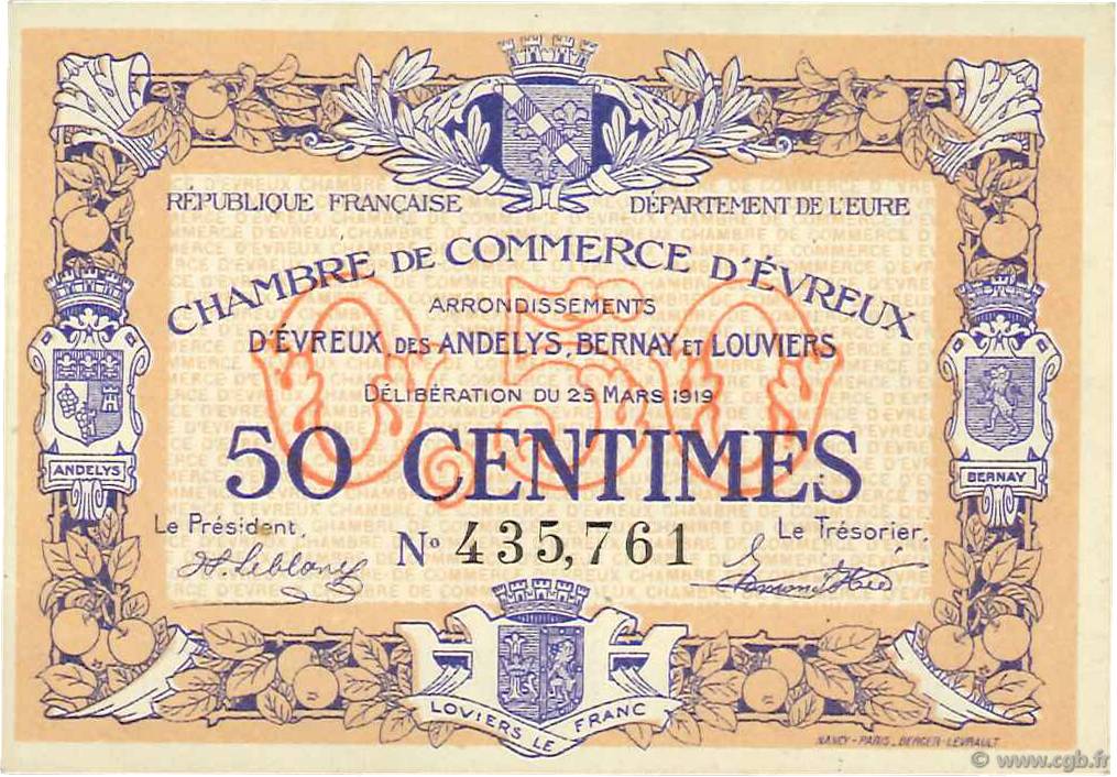 50 Centimes FRANCE Regionalismus und verschiedenen Évreux 1919 JP.057.13 ST