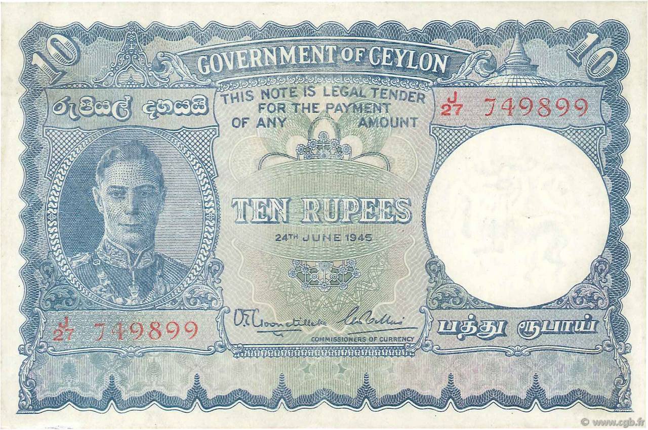 10 Rupees CEYLON  1945 P.036Aa BB