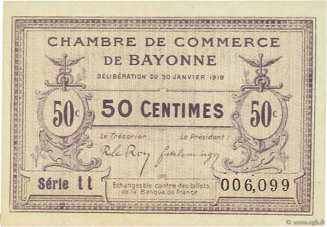 50 Centimes FRANCE Regionalismus und verschiedenen Bayonne 1918 JP.021.55 fST to ST