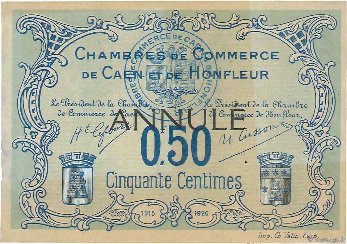 50 Centimes Annulé FRANCE regionalism and various Caen et Honfleur 1918 JP.034.05 VF+