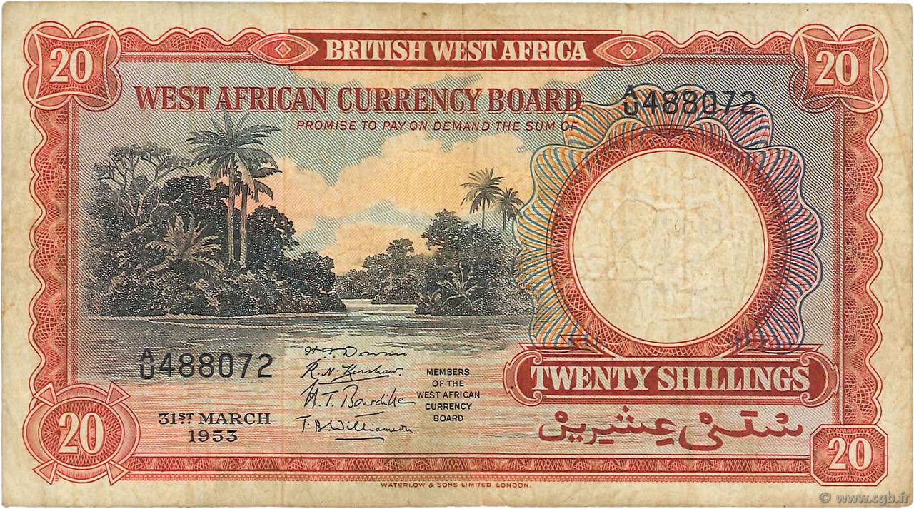 20 Shillings AFRICA DI L OVEST BRITANNICA  1953 P.10a q.MB