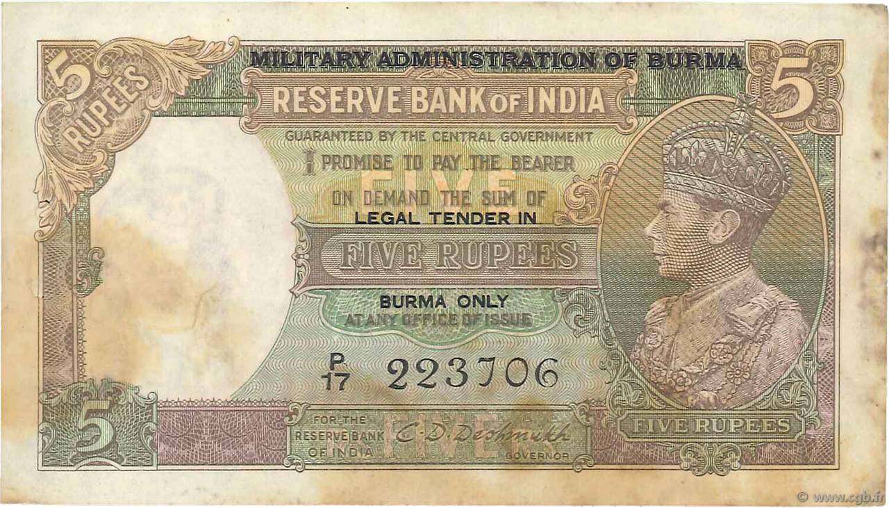 5 Rupees BURMA (VOIR MYANMAR)  1945 P.26b S