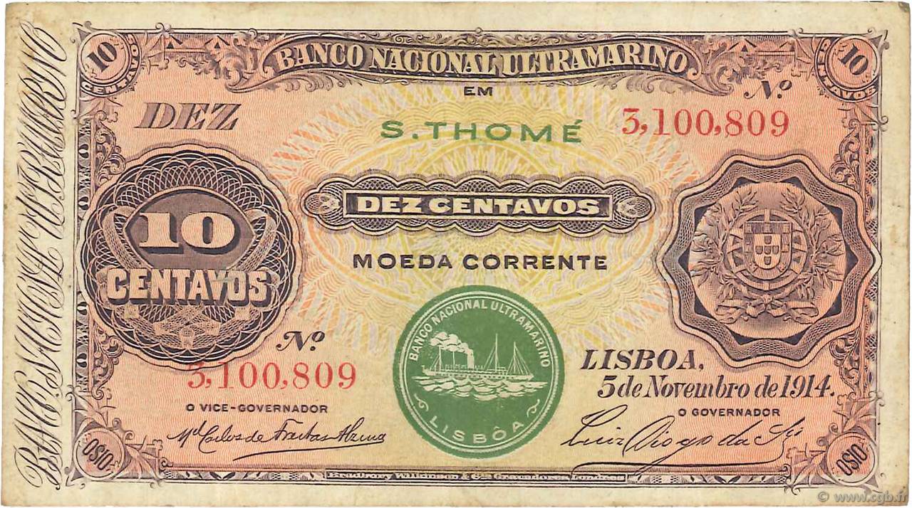 10 Centavos SAO TOME AND PRINCIPE  1914 P.013 VF