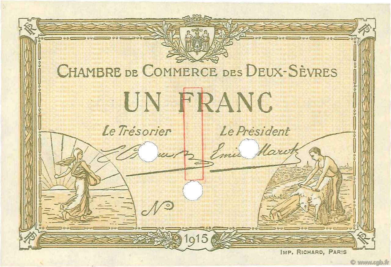 1 Franc Spécimen FRANCE Regionalismus und verschiedenen Niort 1915 JP.093.05 ST