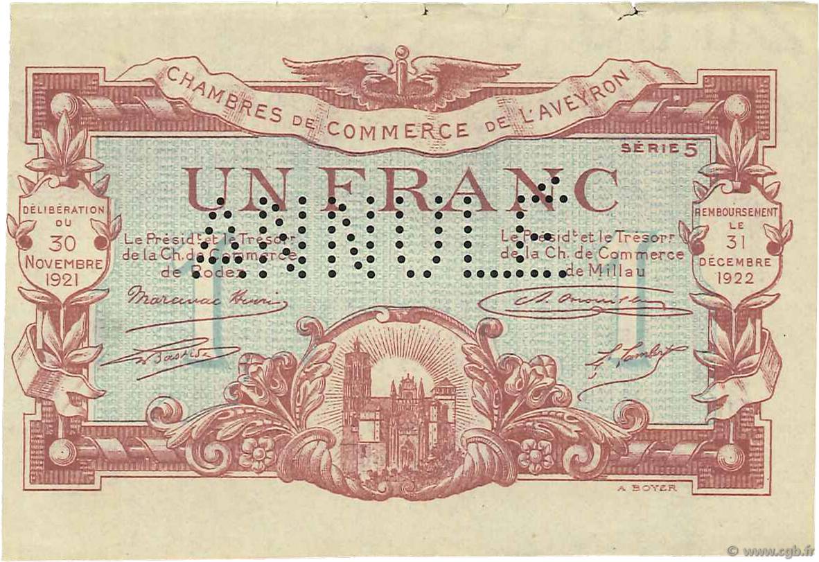 1 Franc Annulé FRANCE régionalisme et divers Rodez et Millau 1921 JP.108.19 TTB à SUP