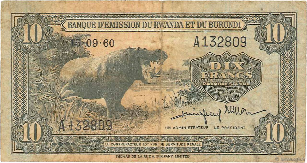 10 Francs RWANDA BURUNDI  1960 P.02 MB